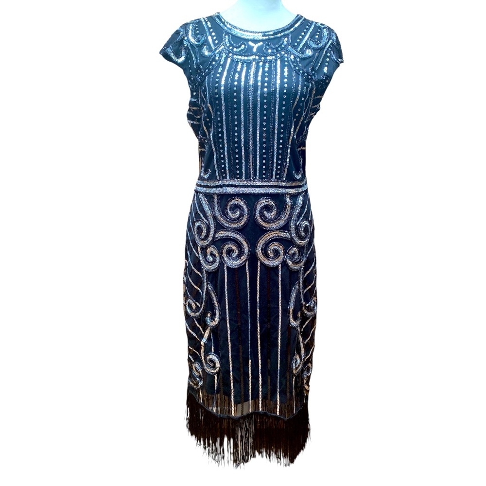 Large 1920s Vintage Inspired Sequin Embellished Fringe Long Gatsby Flapper Dress